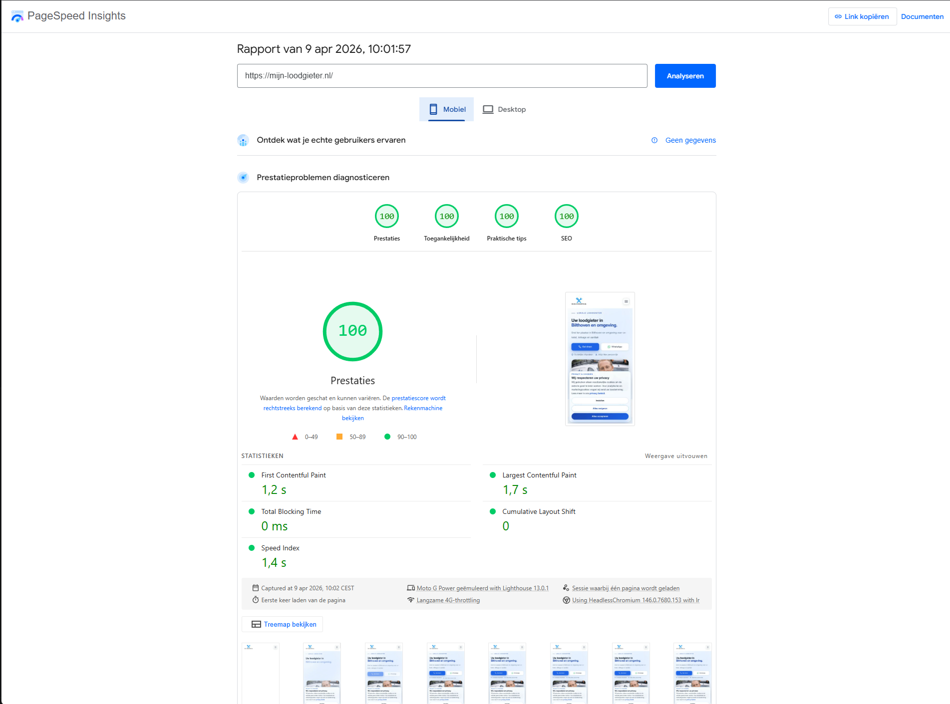 Lighthouse rapport mobiel mijn-loodgieter.nl, score 100/100